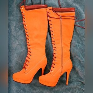 Orange Lace-Up Knee-High Boots